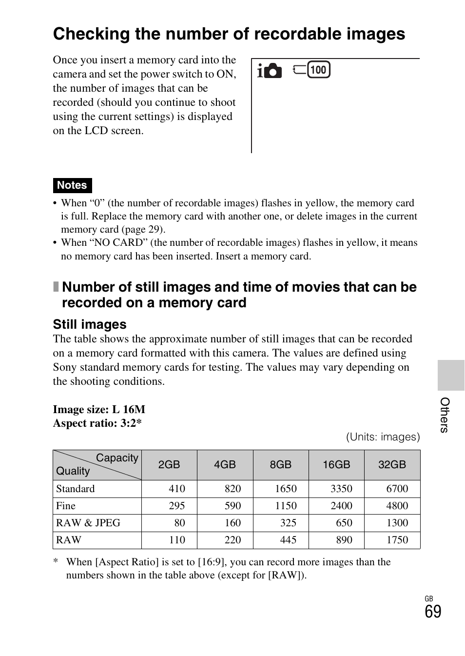 Others, Checking the number of recordable images, Still images | Sony NEX-F3 User Manual | Page 69 / 94