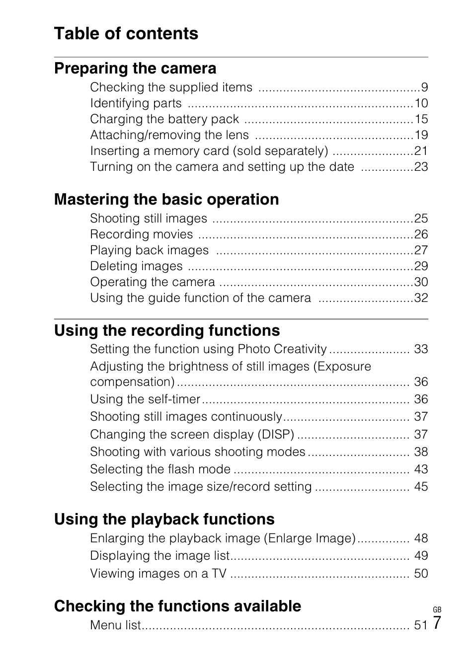 7table of contents, Preparing the camera, Mastering the basic operation | Using the recording functions, Using the playback functions, Checking the functions available | Sony NEX-F3 User Manual | Page 7 / 94