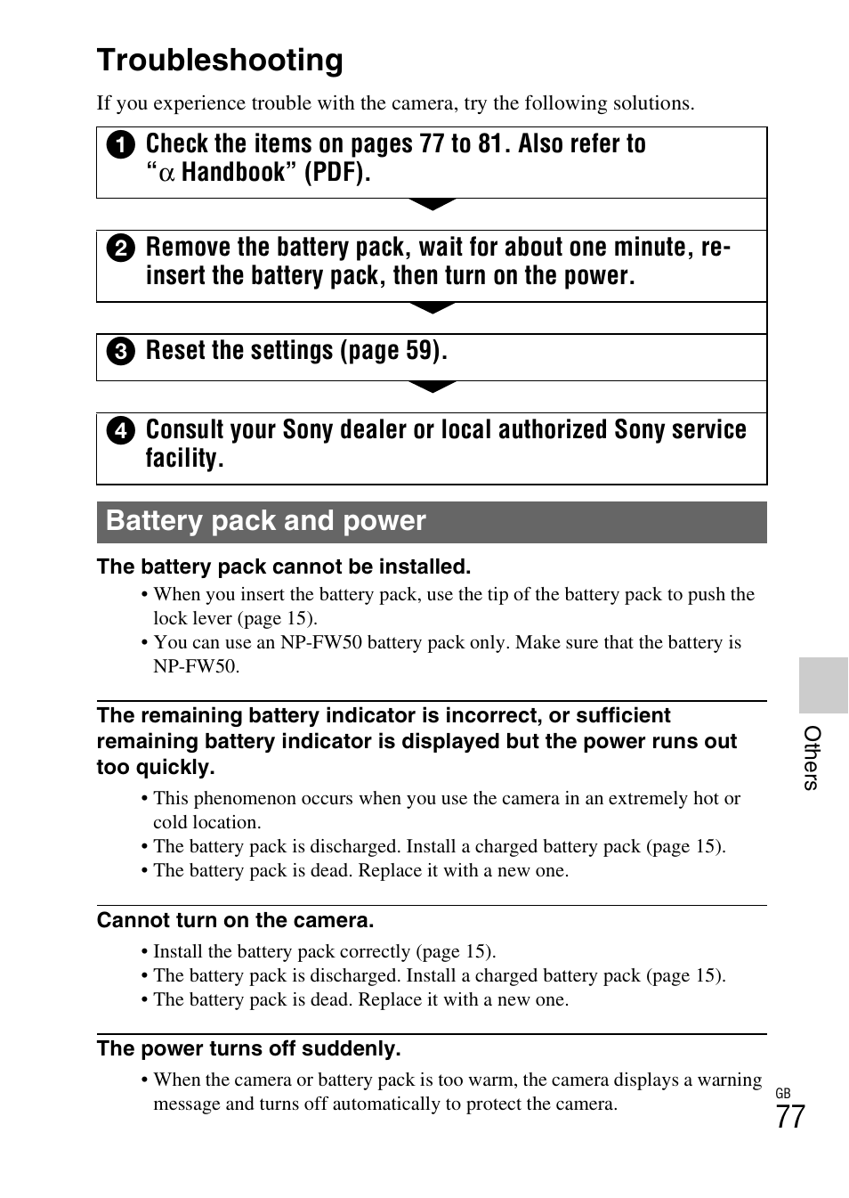 Troubleshooting, Battery pack and power | Sony NEX-F3 User Manual | Page 77 / 94