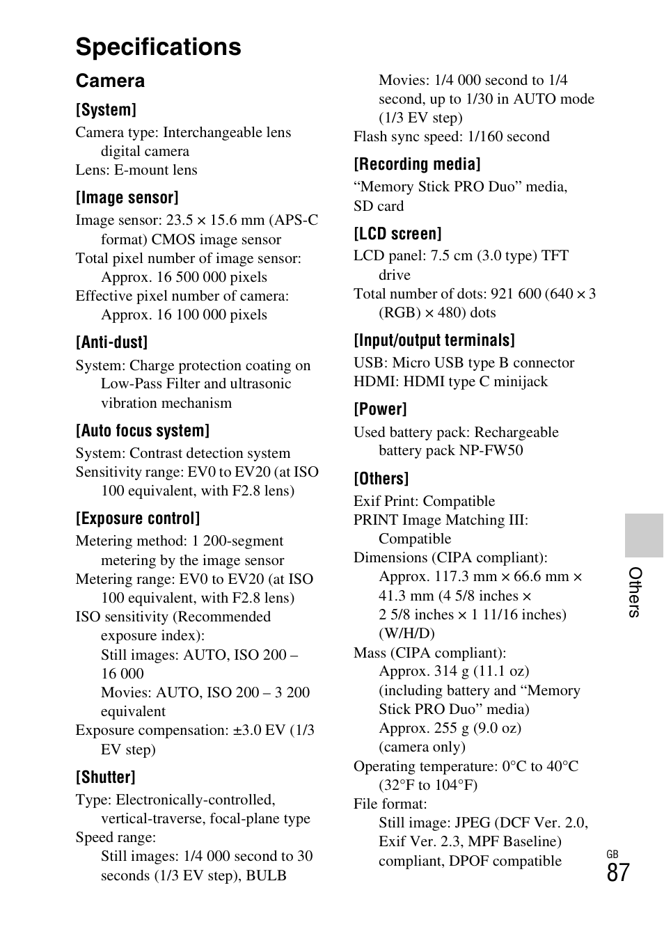 Specifications, Camera | Sony NEX-F3 User Manual | Page 87 / 94