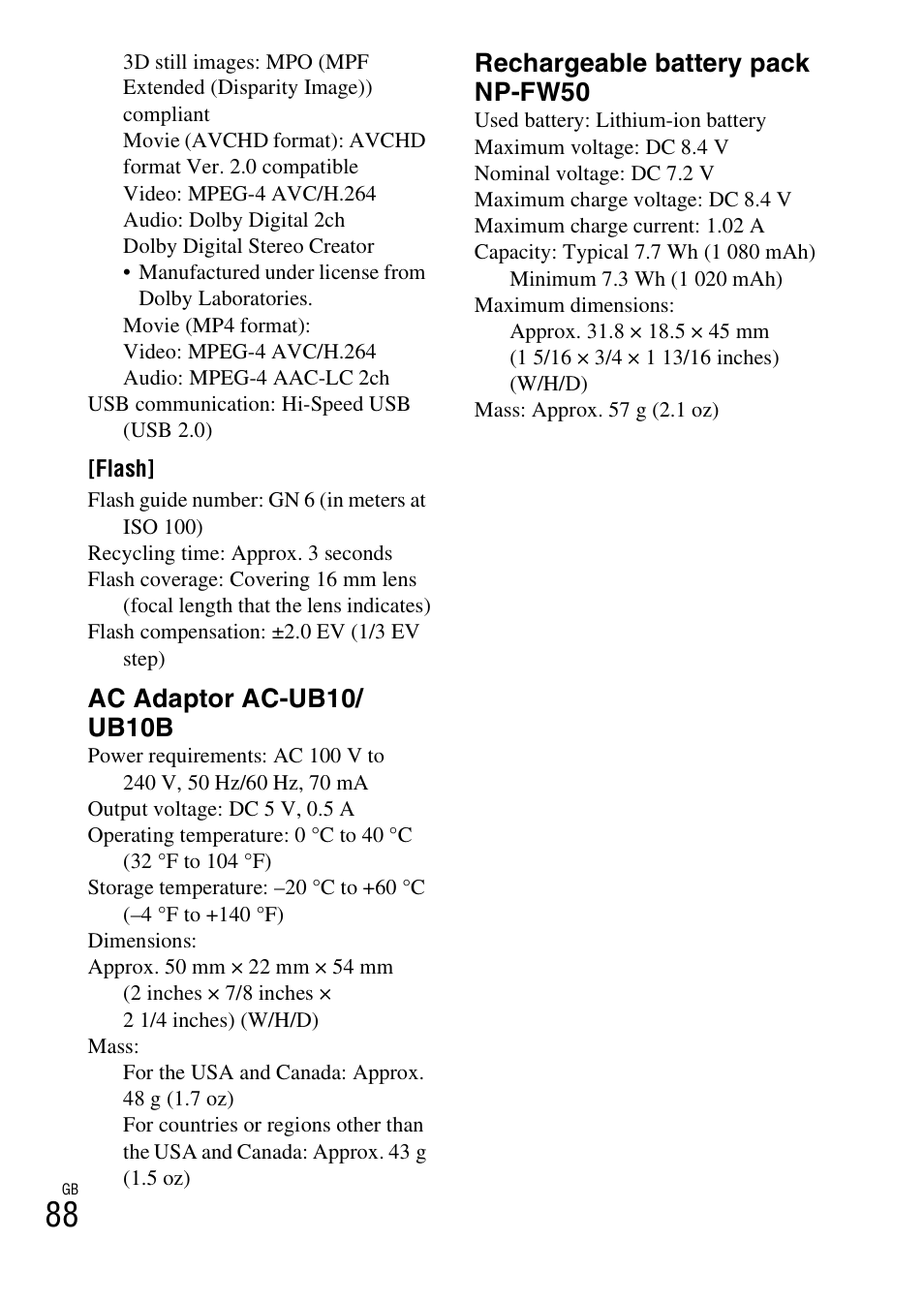 Ac adaptor ac-ub10/ ub10b, Rechargeable battery pack np-fw50 | Sony NEX-F3 User Manual | Page 88 / 94