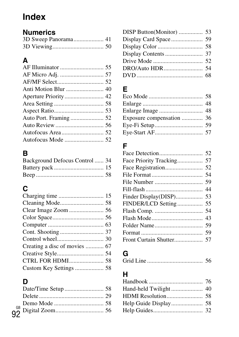 Index, 92 index | Sony NEX-F3 User Manual | Page 92 / 94