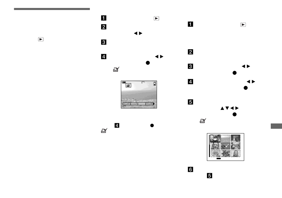 Choosing images to print, For the single screen, For the index (nine images) screen | Choosing images to print (print mark) | Sony DSC-P9 User Manual | Page 67 / 104