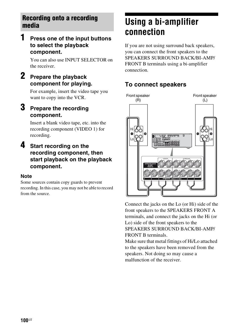 Using a bi-amplifier connection, Recording onto a recording media, Prepare the playback component for playing | Prepare the recording component, You can also use input selector on the receiver | Sony STR-DH800 User Manual | Page 100 / 124