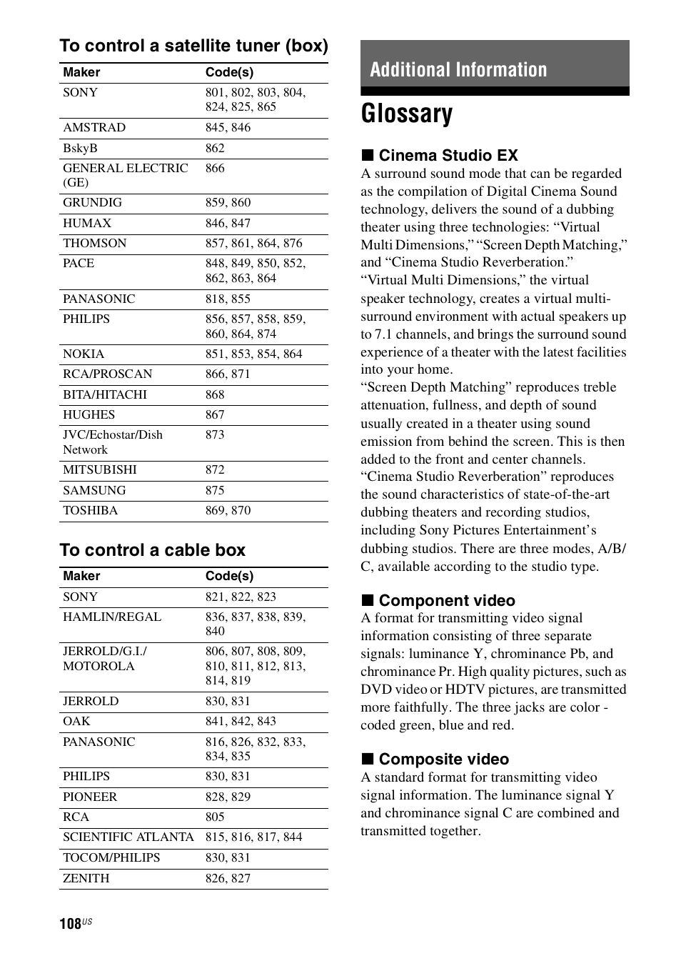 Additional information, Glossary, X cinema studio ex | X component video, X composite video | Sony STR-DH800 User Manual | Page 108 / 124