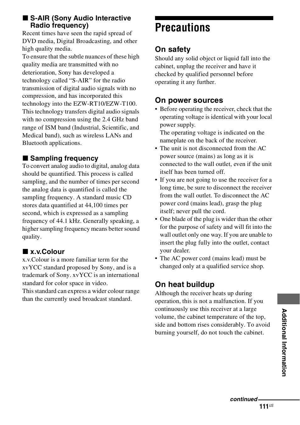 Precautions | Sony STR-DH800 User Manual | Page 111 / 124
