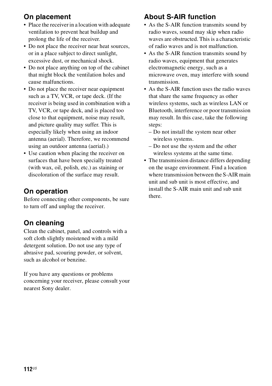 On placement, On operation, On cleaning | About s-air function | Sony STR-DH800 User Manual | Page 112 / 124
