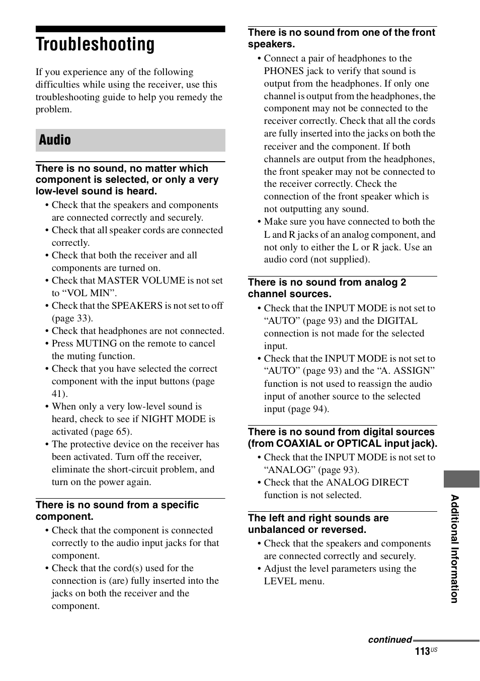 Troubleshooting, Audio | Sony STR-DH800 User Manual | Page 113 / 124