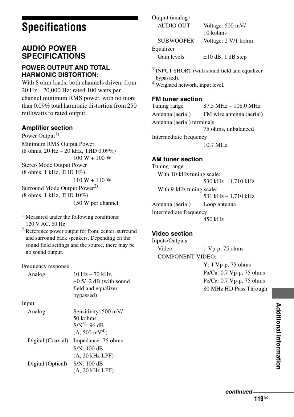 Specifications, Audio power specifications | Sony STR-DH800 User Manual | Page 119 / 124