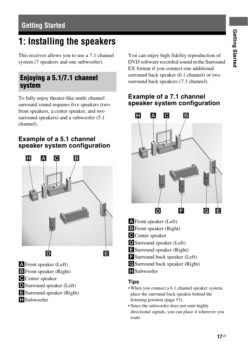 Getting started, Installing the speakers, Getting started enjoying a 5.1/7.1 channel system | Sony STR-DH800 User Manual | Page 17 / 124