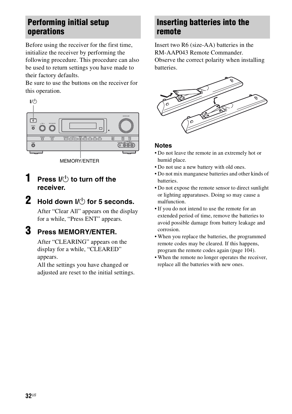 Performing initial setup operations, Inserting batteries into the remote, Press ? / 1 to turn off the receiver | Hold down ? / 1 for 5 seconds | Sony STR-DH800 User Manual | Page 32 / 124