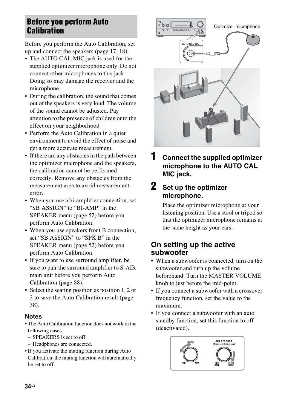 Before you perform auto calibration, On setting up the active subwoofer, Set up the optimizer microphone | Sony STR-DH800 User Manual | Page 34 / 124