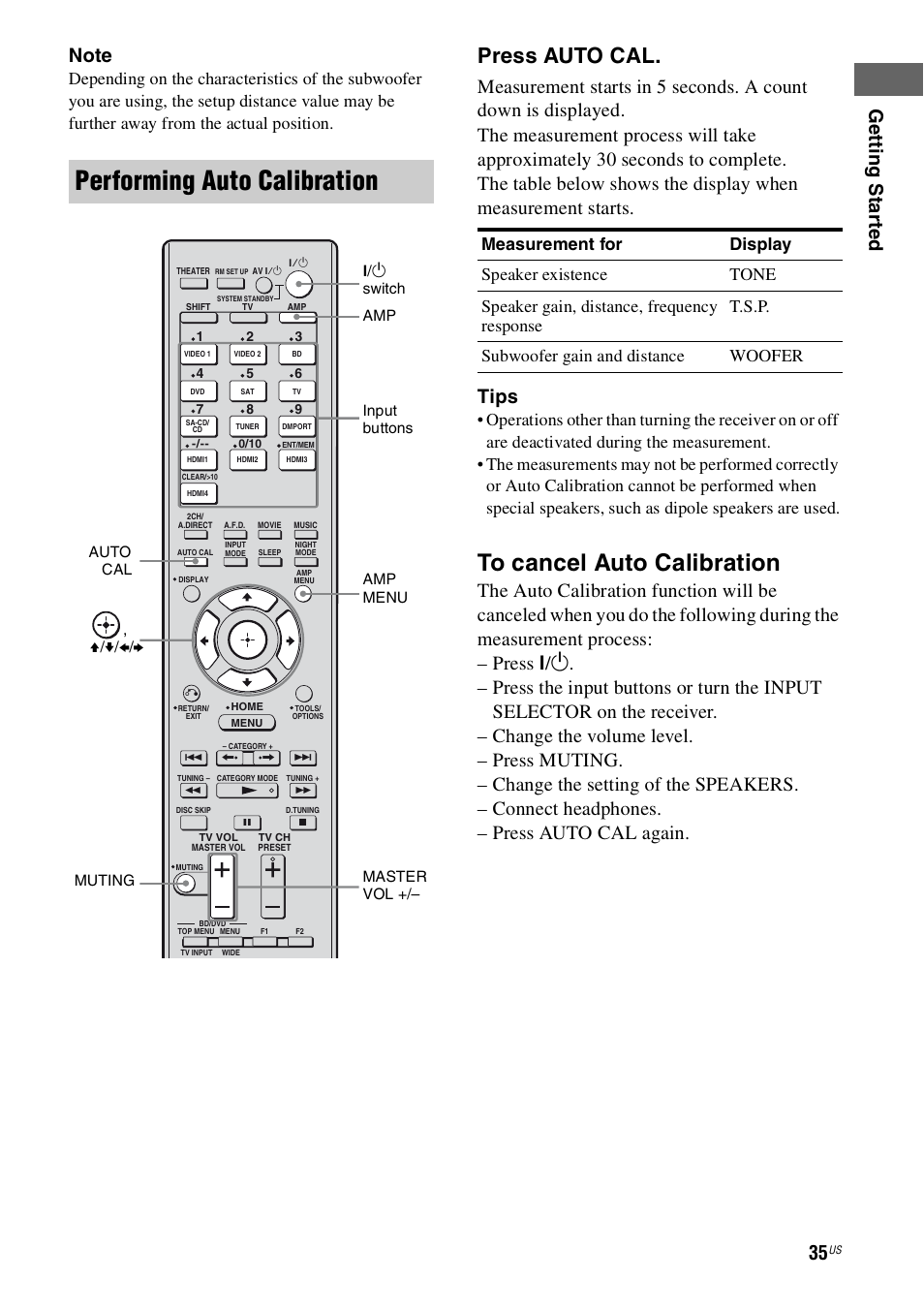 Performing auto calibration, Press auto cal | Sony STR-DH800 User Manual | Page 35 / 124