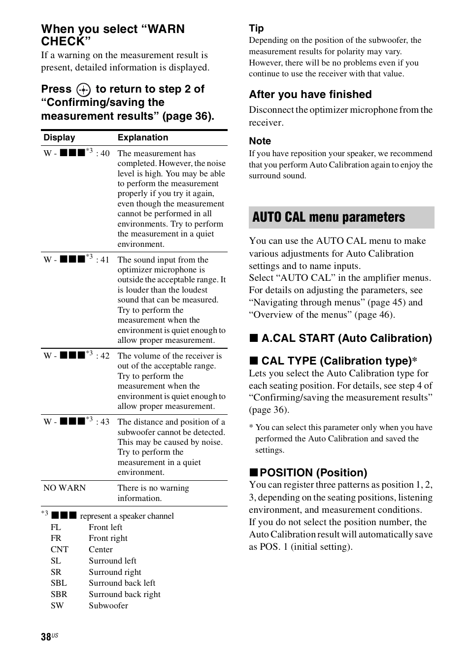 Auto cal menu parameters, When you select “warn check, After you have finished | X position (position) | Sony STR-DH800 User Manual | Page 38 / 124