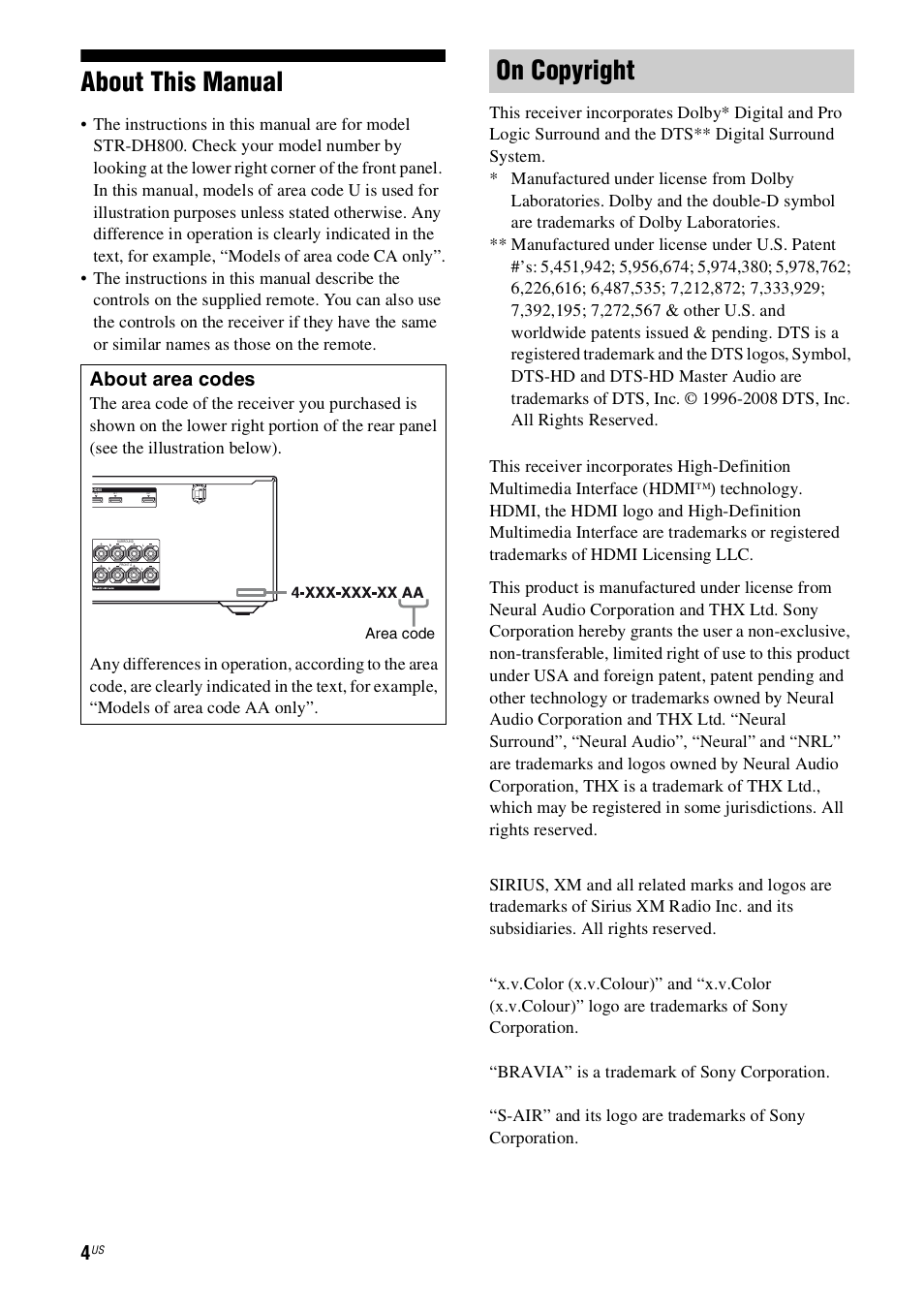 About this manual, On copyright, About area codes | Sony STR-DH800 User Manual | Page 4 / 124