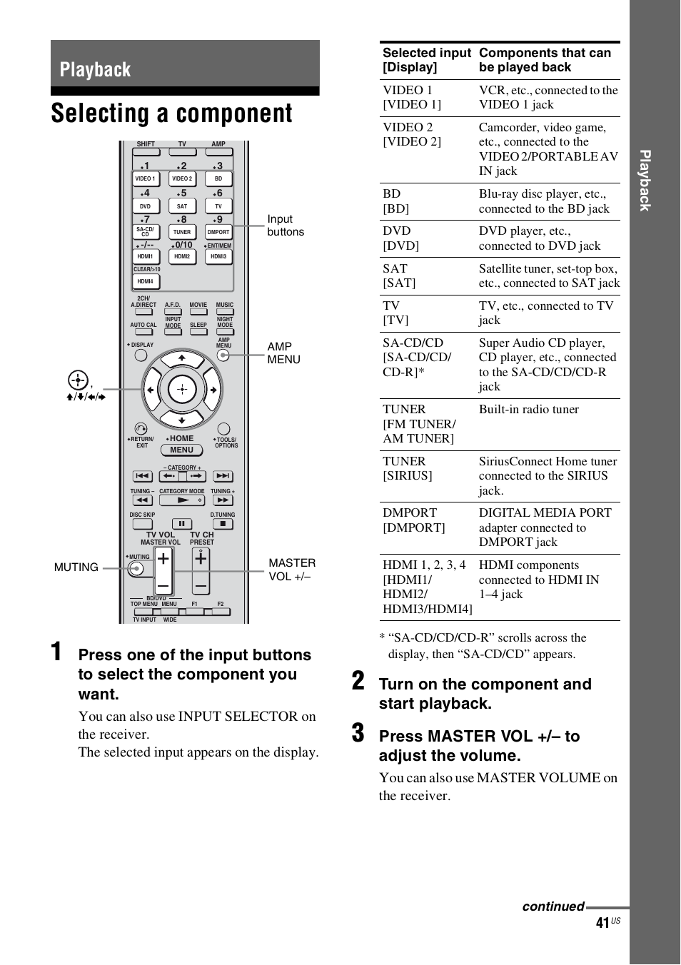 Playback, Selecting a component, Selecting a component 1 | Turn on the component and start playback, Press master vol +/– to adjust the volume, Play b a ck, You can also use master volume on the receiver | Sony STR-DH800 User Manual | Page 41 / 124