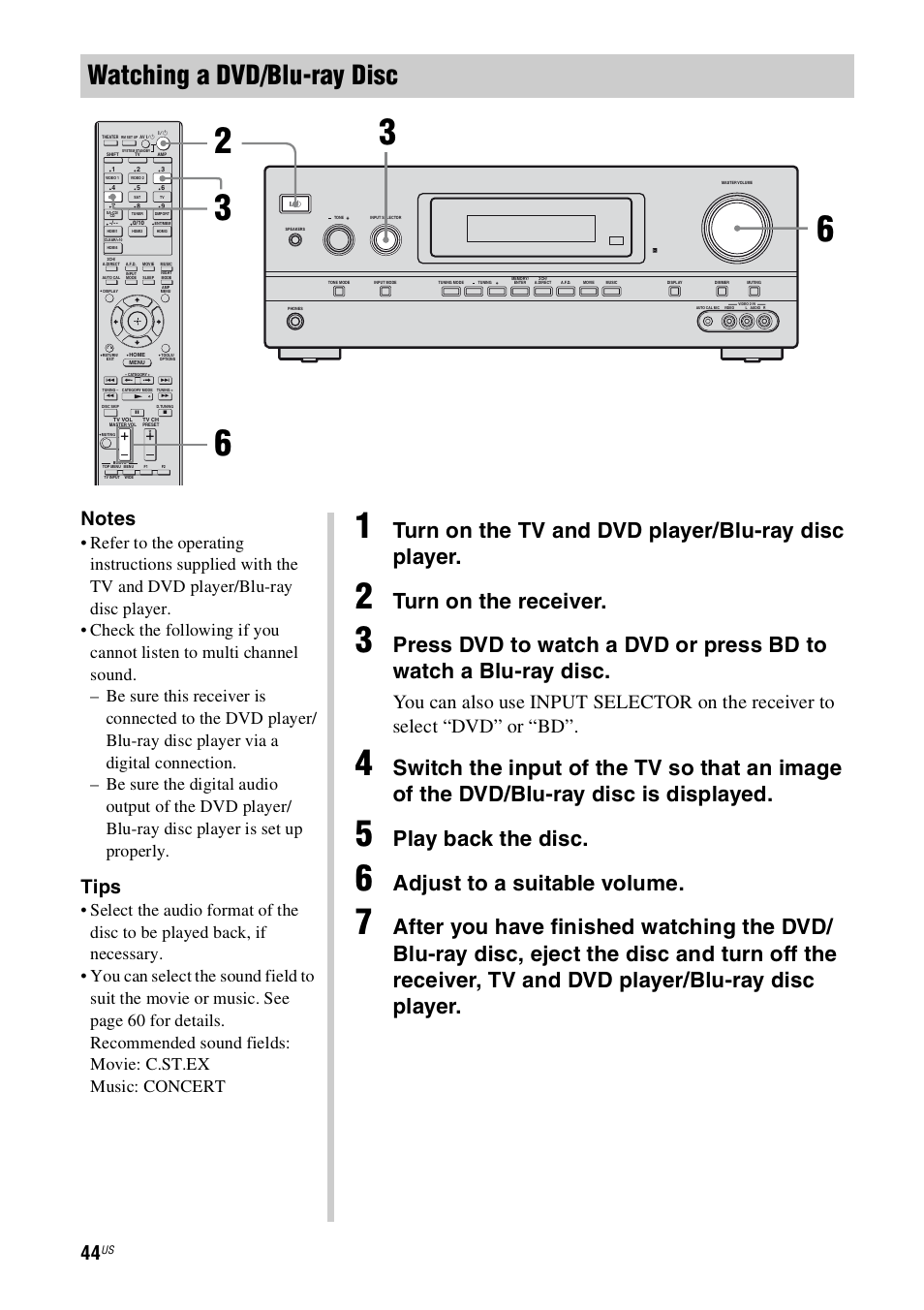 Watching a dvd/blu-ray disc, Turn on the tv and dvd player/blu-ray disc player, Turn on the receiver | Play back the disc, Adjust to a suitable volume, Tips | Sony STR-DH800 User Manual | Page 44 / 124