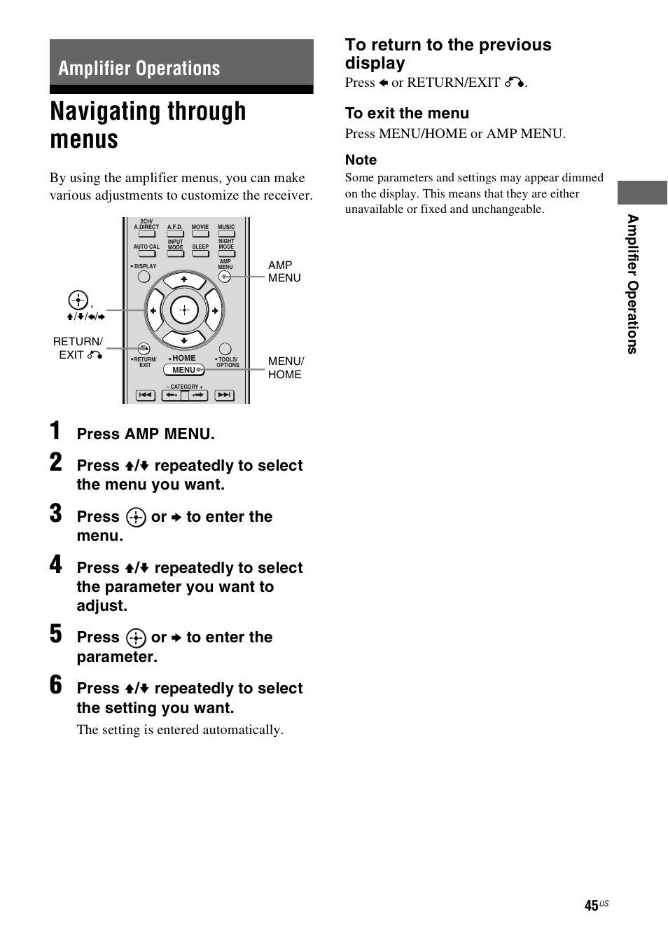 Amplifier operations, Navigating through menus, Press amp menu | Press v / v repeatedly to select the menu you want, Press or b to enter the menu, Press or b to enter the parameter | Sony STR-DH800 User Manual | Page 45 / 124