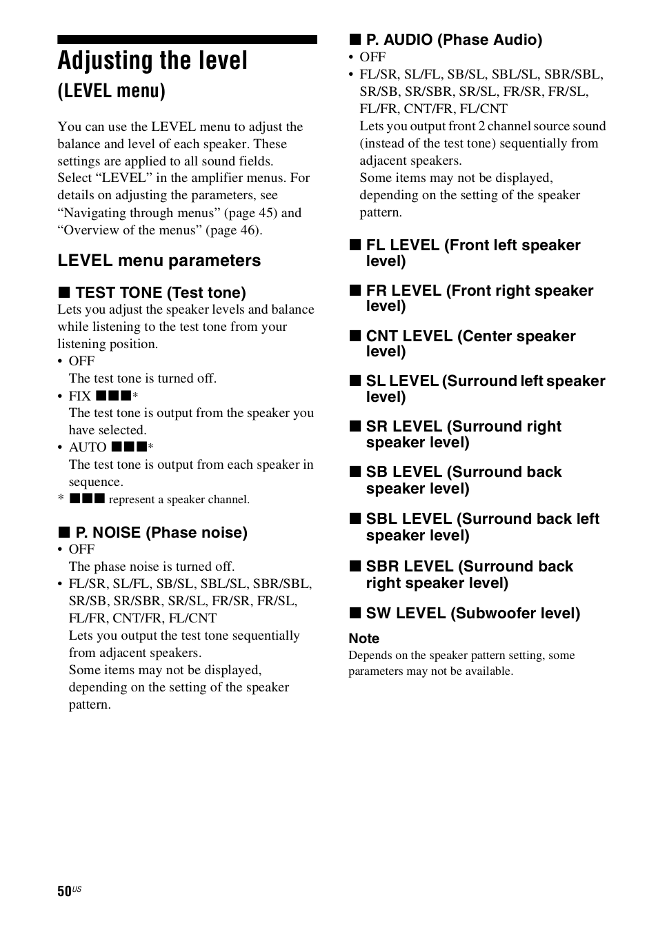 Adjusting the level (level menu), Adjusting the level, Level menu) | Sony STR-DH800 User Manual | Page 50 / 124