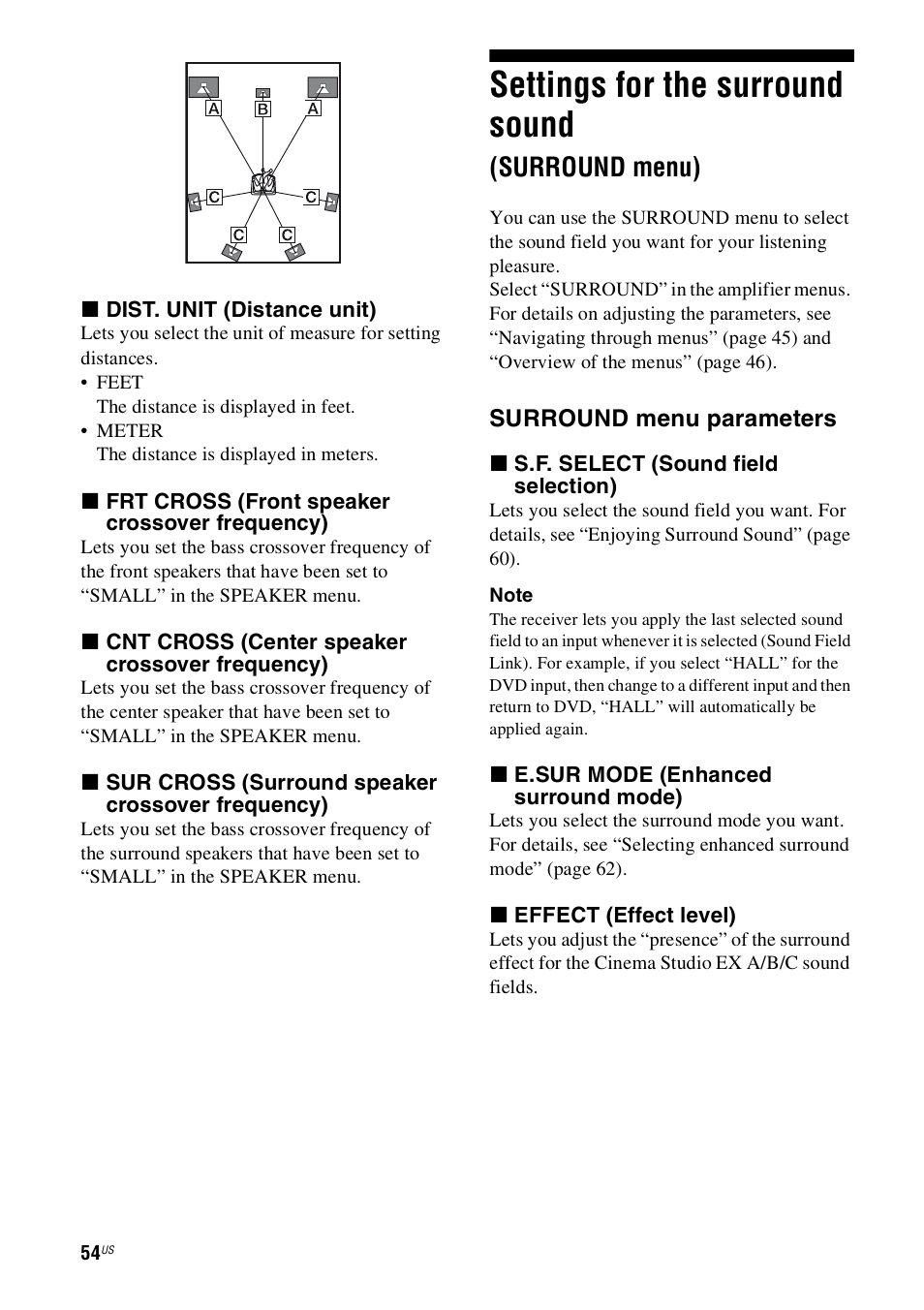 Settings for the surround sound (surround menu), Settings for the surround sound, Surround menu) | Sony STR-DH800 User Manual | Page 54 / 124