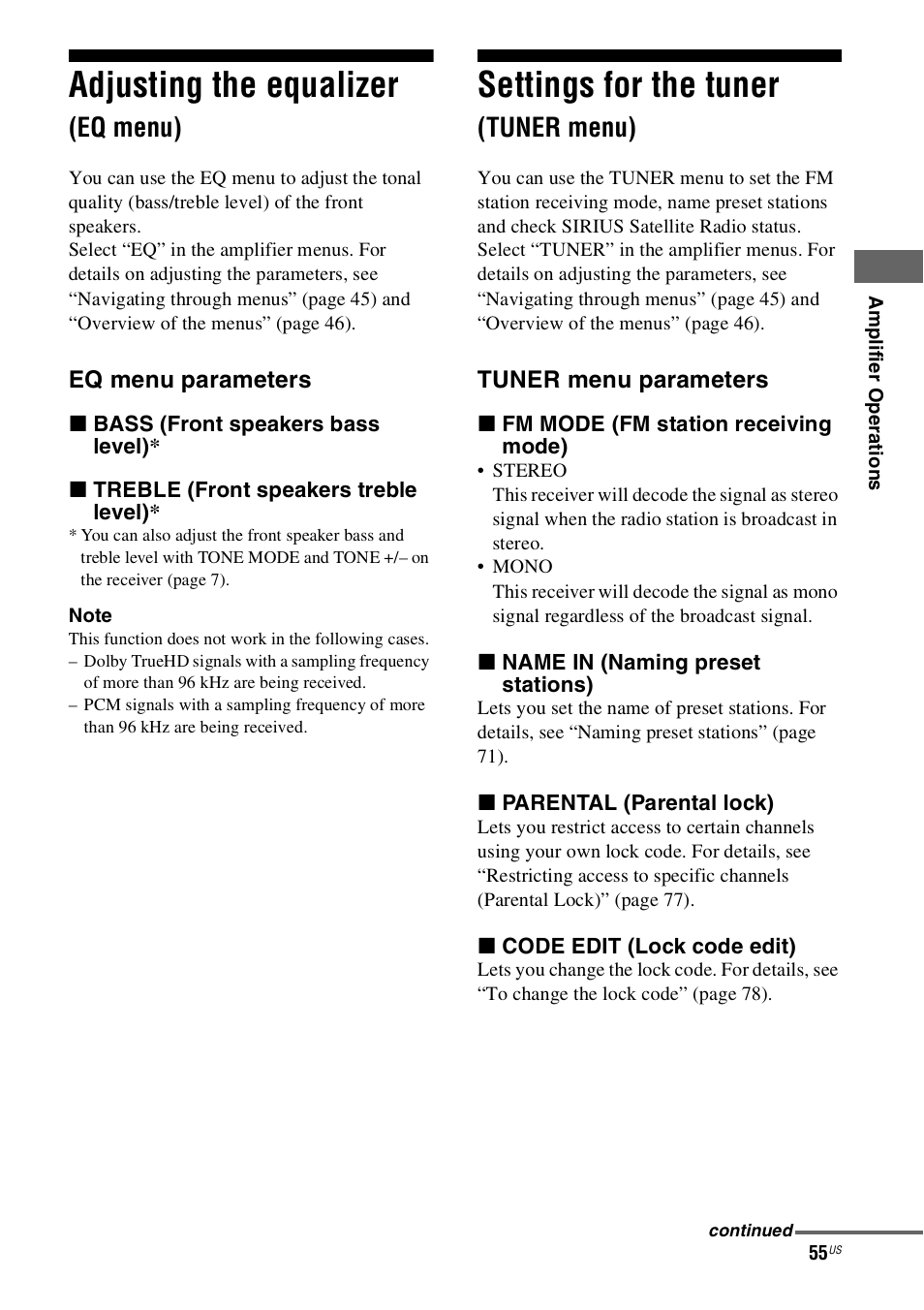 Adjusting the equalizer (eq menu), Settings for the tuner (tuner menu), Adjusting the equalizer | Settings for the tuner, Eq menu), Tuner menu) | Sony STR-DH800 User Manual | Page 55 / 124