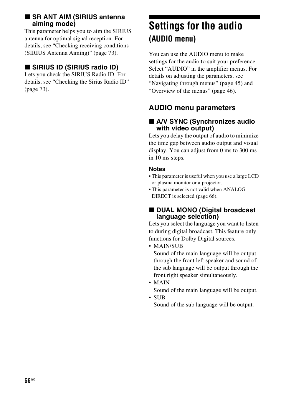 Settings for the audio (audio menu), Settings for the audio, Audio menu) | Sony STR-DH800 User Manual | Page 56 / 124