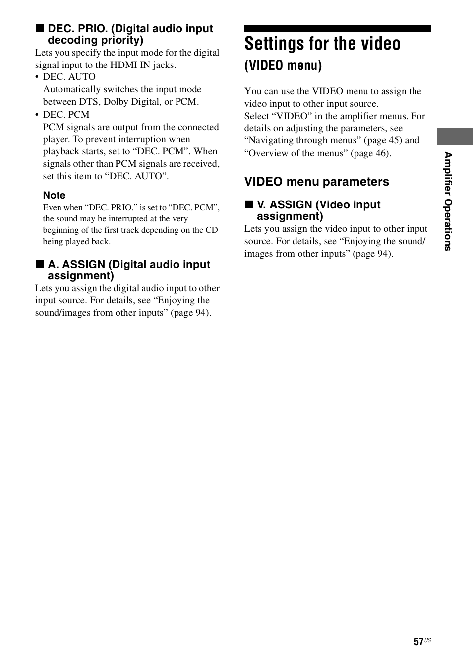 Settings for the video (video menu), Settings for the video, Video menu) | Sony STR-DH800 User Manual | Page 57 / 124