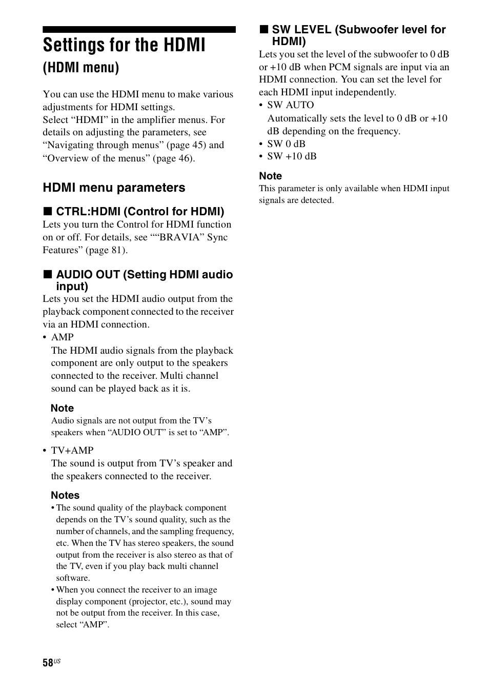 Settings for the hdmi (hdmi menu), Settings for the hdmi, Hdmi menu) | Hdmi menu parameters | Sony STR-DH800 User Manual | Page 58 / 124
