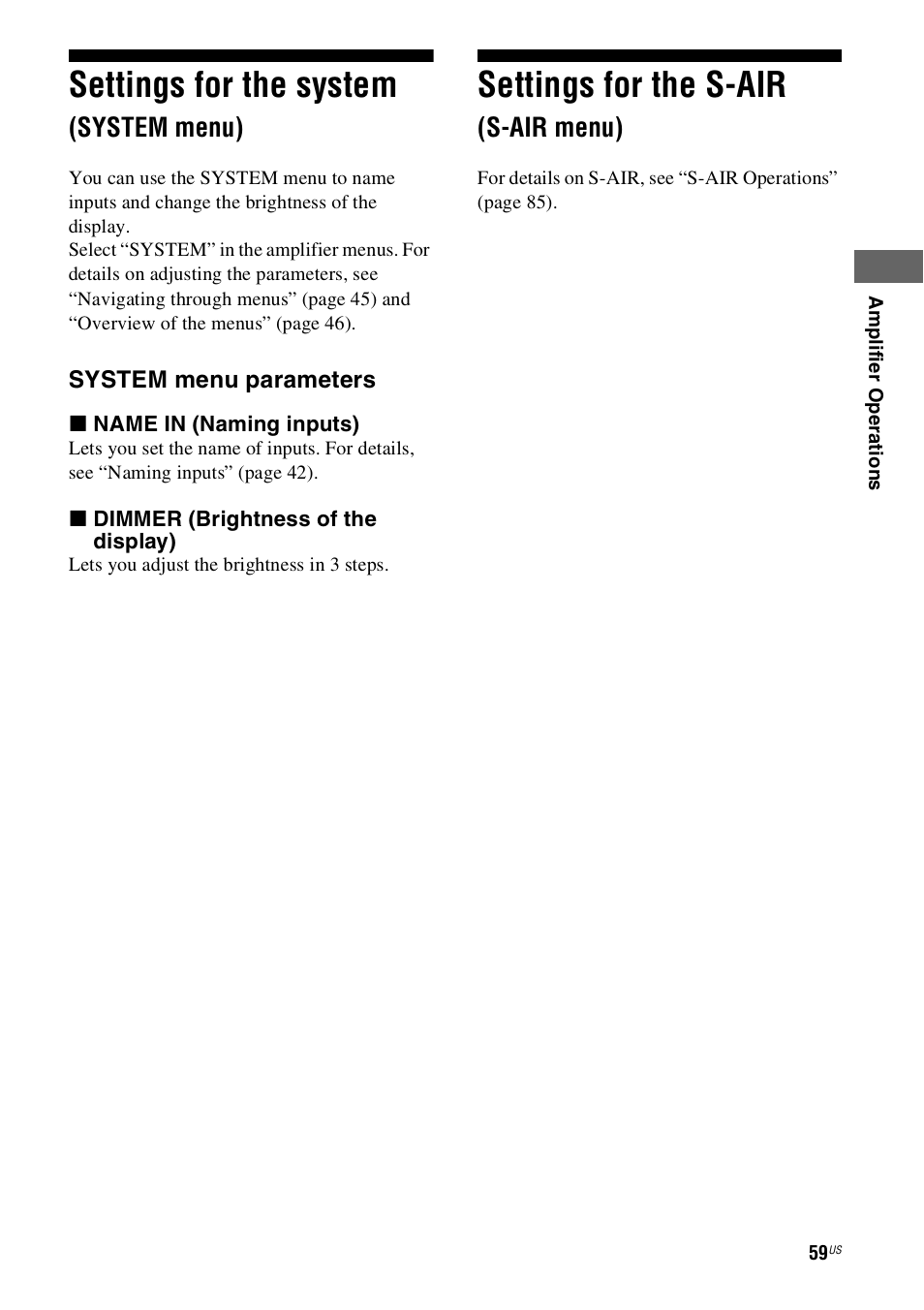 Settings for the system (system menu), Settings for the s-air (s-air menu), Settings for the system | System menu), Settings for the s-air, S-air menu) | Sony STR-DH800 User Manual | Page 59 / 124