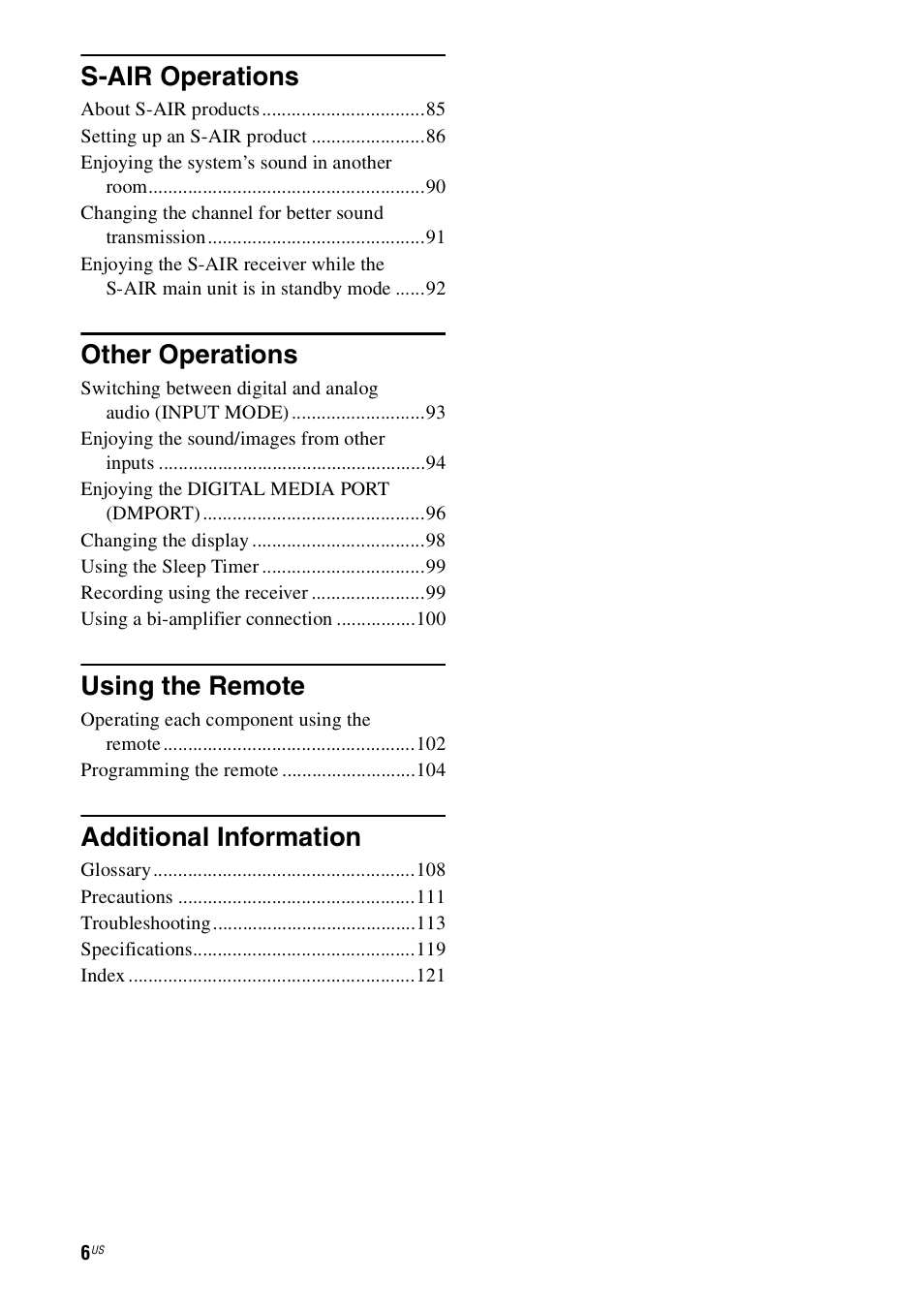 S-air operations, Other operations, Using the remote | Additional information | Sony STR-DH800 User Manual | Page 6 / 124