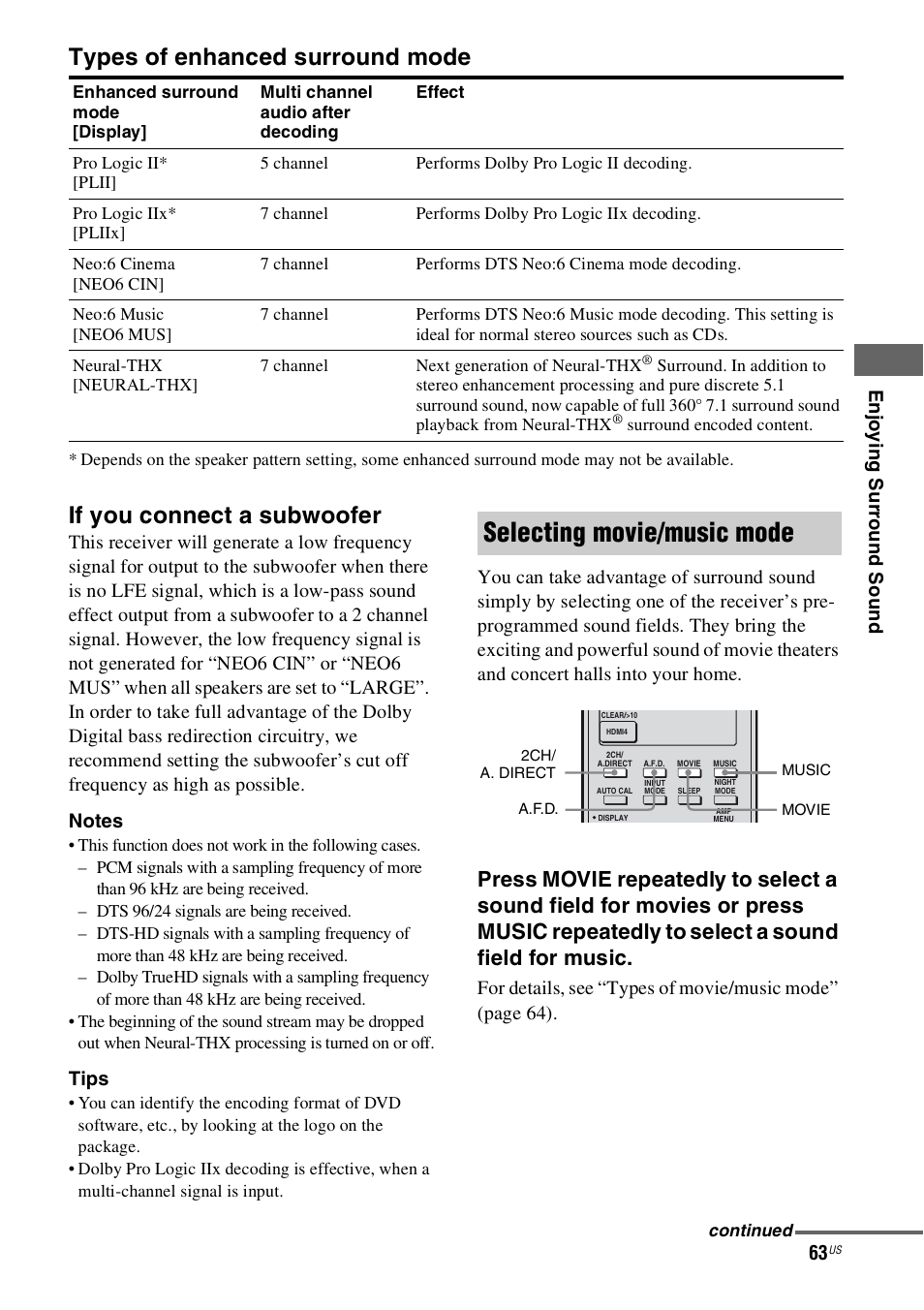 Selecting movie/music mode, Types of enhanced surround mode, If you connect a subwoofer | Enj o yi ng sur round sound, Tips | Sony STR-DH800 User Manual | Page 63 / 124