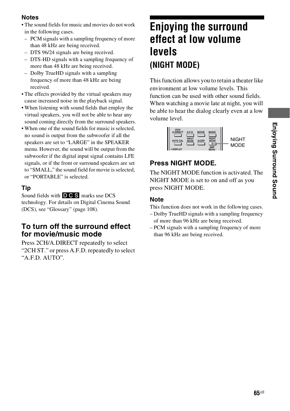 Enjoying the surround effect at low, Volume levels (night mode), Enjoying the surround effect at low volume levels | Night mode), Press night mode | Sony STR-DH800 User Manual | Page 65 / 124