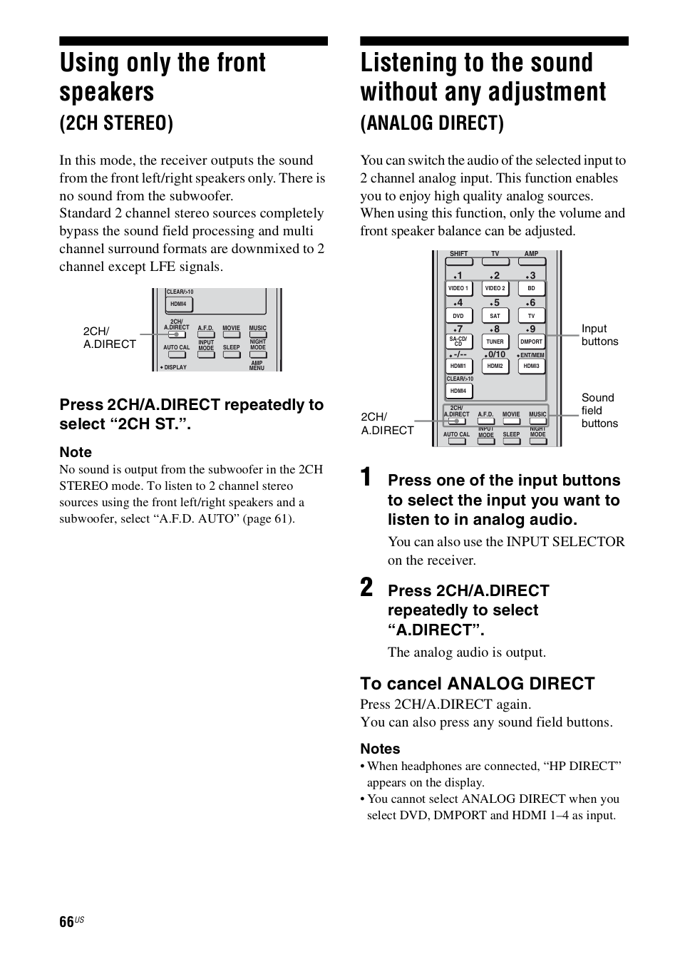 Using only the front speakers (2ch stereo), Using only the front speakers, 2ch stereo) | Listening to the sound without any, Adjustment (analog direct), Listening to the sound without any adjustment, Analog direct), Press 2ch/a.direct repeatedly to select “2ch st, Press 2ch/a.direct repeatedly to select “a.direct, The analog audio is output | Sony STR-DH800 User Manual | Page 66 / 124
