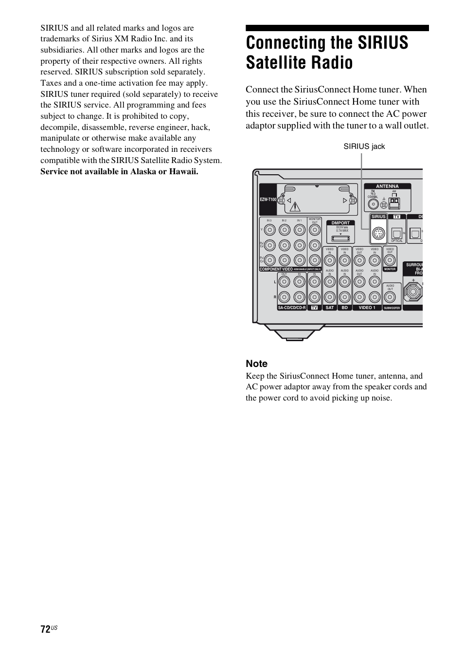 Connecting the sirius satellite radio, Sirius jack | Sony STR-DH800 User Manual | Page 72 / 124