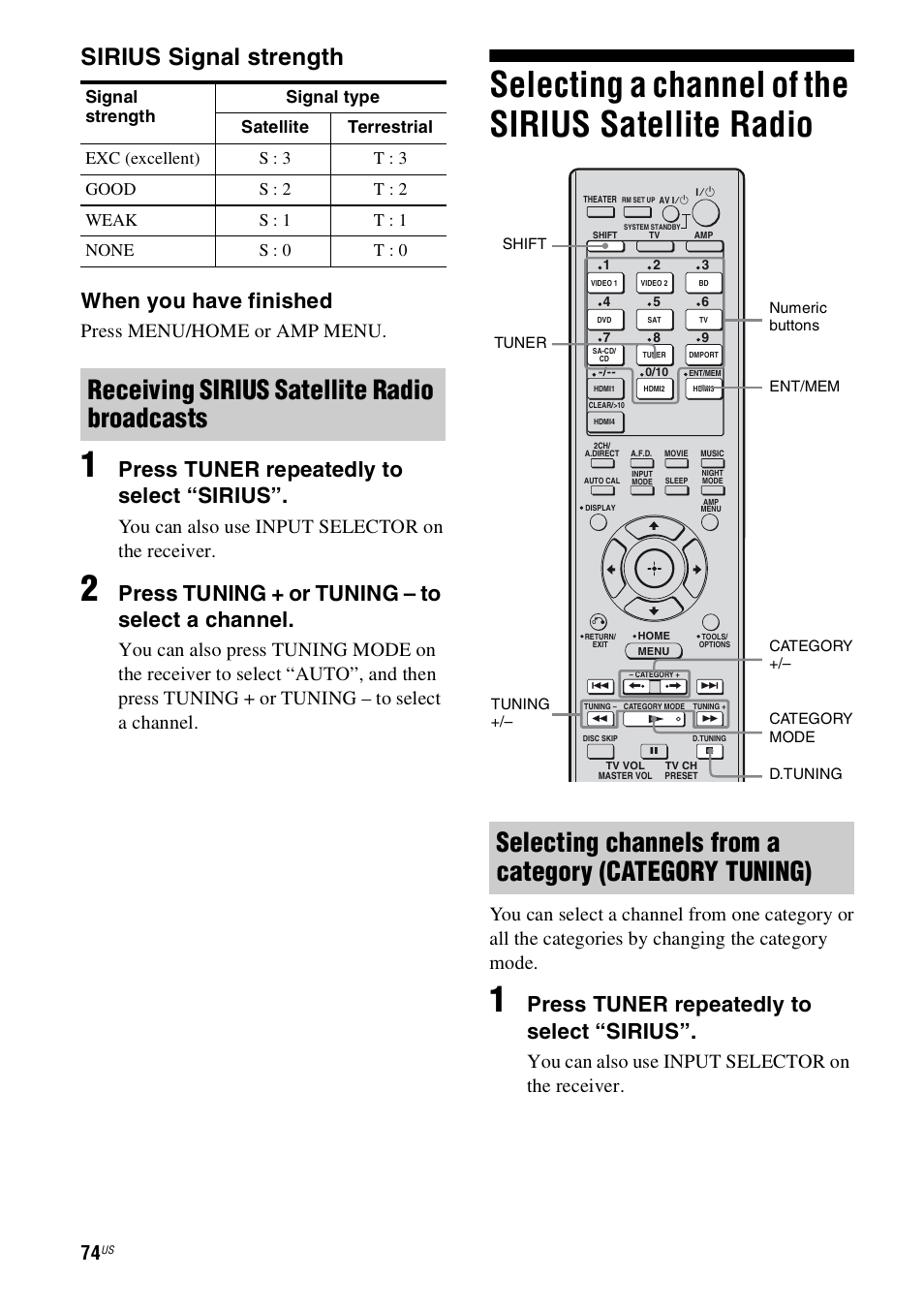 Selecting a channel of the sirius satellite radio, Selecting a channel of the sirius, Satellite radio | Sirius signal strength, When you have finished, Press tuner repeatedly to select “sirius, Press tuning + or tuning – to select a channel, Press menu/home or amp menu, You can also use input selector on the receiver | Sony STR-DH800 User Manual | Page 74 / 124