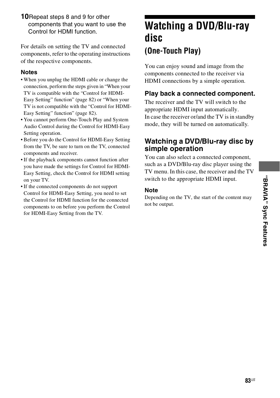 Watching a dvd/blu-ray disc (one-touch play), Watching a dvd/blu-ray disc, One-touch play) | Sony STR-DH800 User Manual | Page 83 / 124