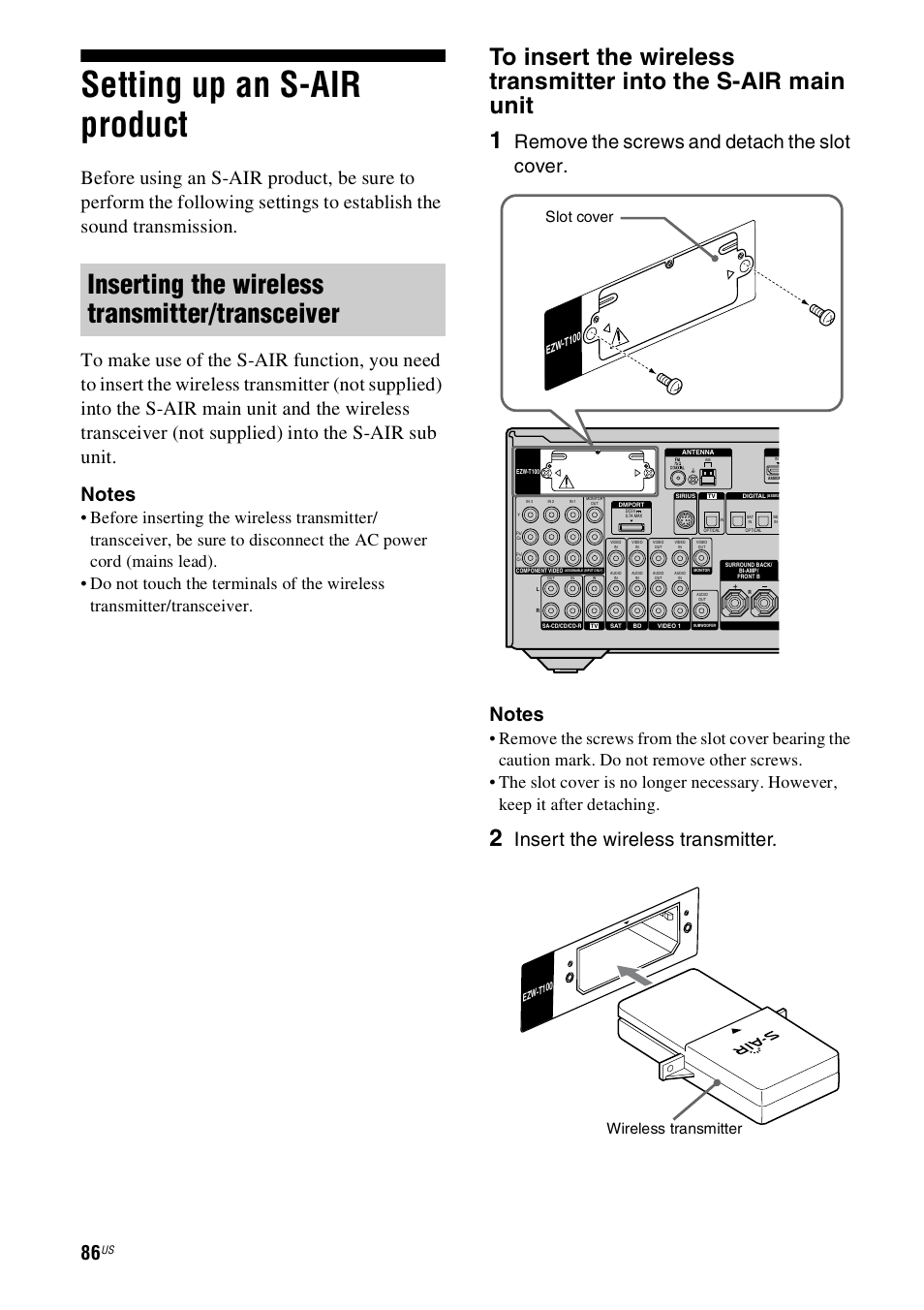 Setting up an s-air product, Inserting the wireless transmitter/transceiver, Insert the wireless transmitter | Slot cover, Wireless transmitter | Sony STR-DH800 User Manual | Page 86 / 124