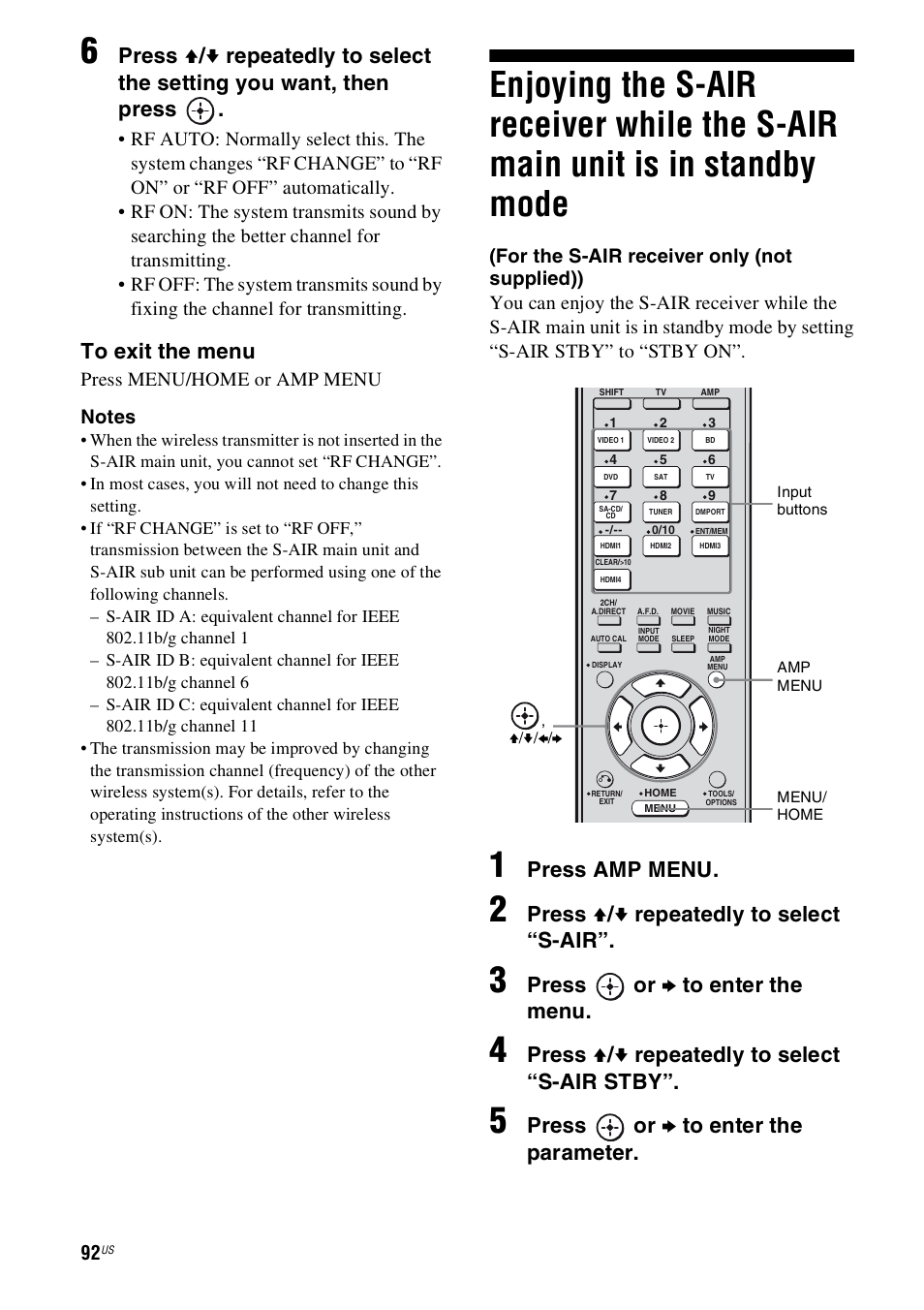 Enjoying the s-air receiver while the, S-air main unit is in standby mode, Press amp menu | Press v / v repeatedly to select “s-air, Press or b to enter the menu, Press v / v repeatedly to select “s-air stby, Press or b to enter the parameter | Sony STR-DH800 User Manual | Page 92 / 124