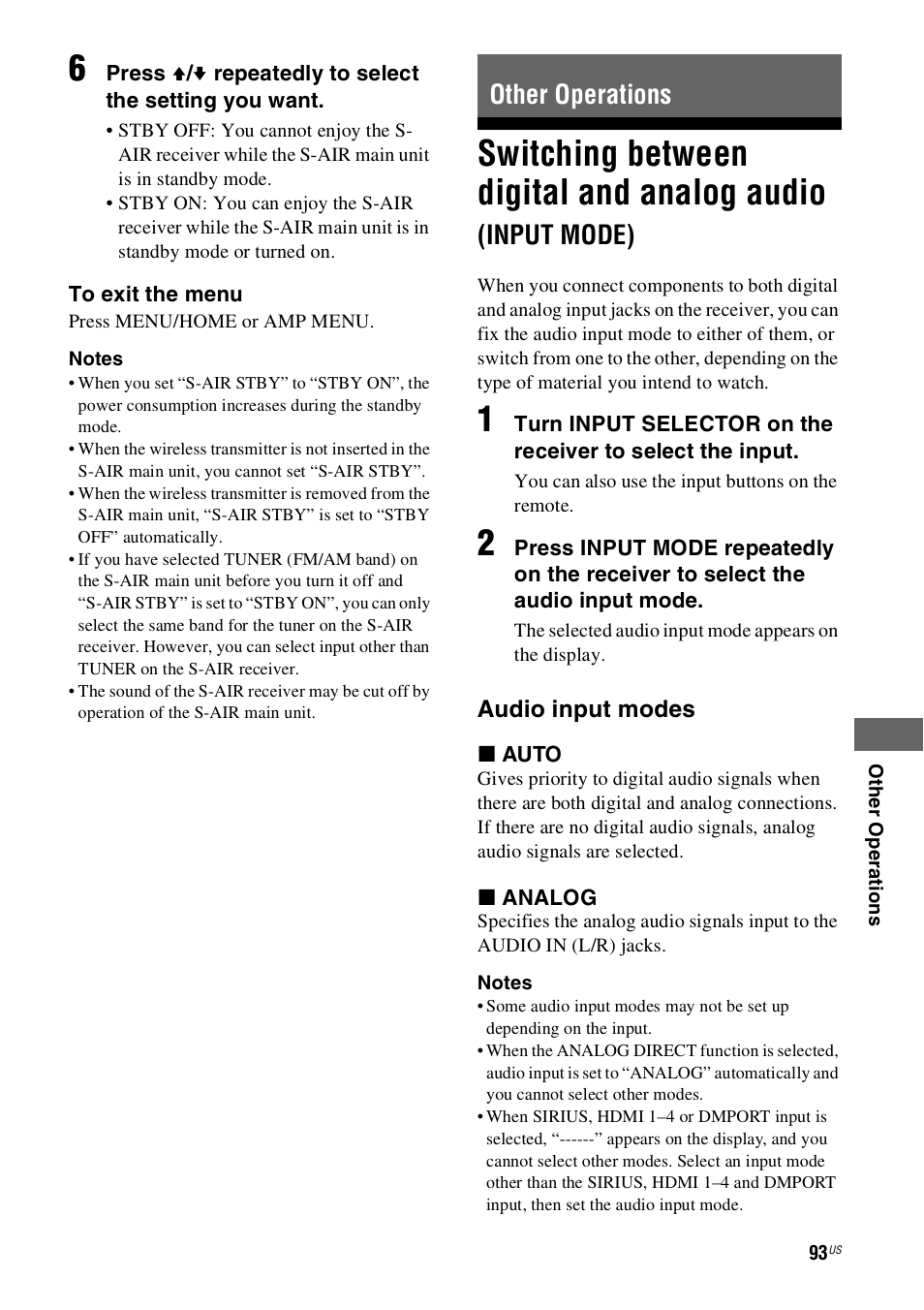 Other operations, Switching between digital and analog, Audio (input mode) | Switching between digital and analog audio, Input mode) | Sony STR-DH800 User Manual | Page 93 / 124