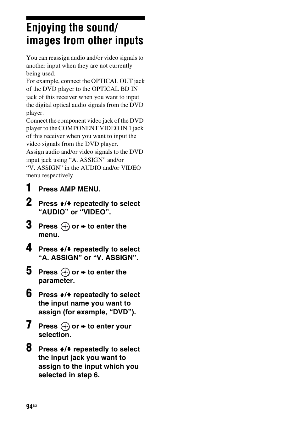 Enjoying the sound/ images from other inputs, Enjoying the sound/images from other, Inputs | Sony STR-DH800 User Manual | Page 94 / 124