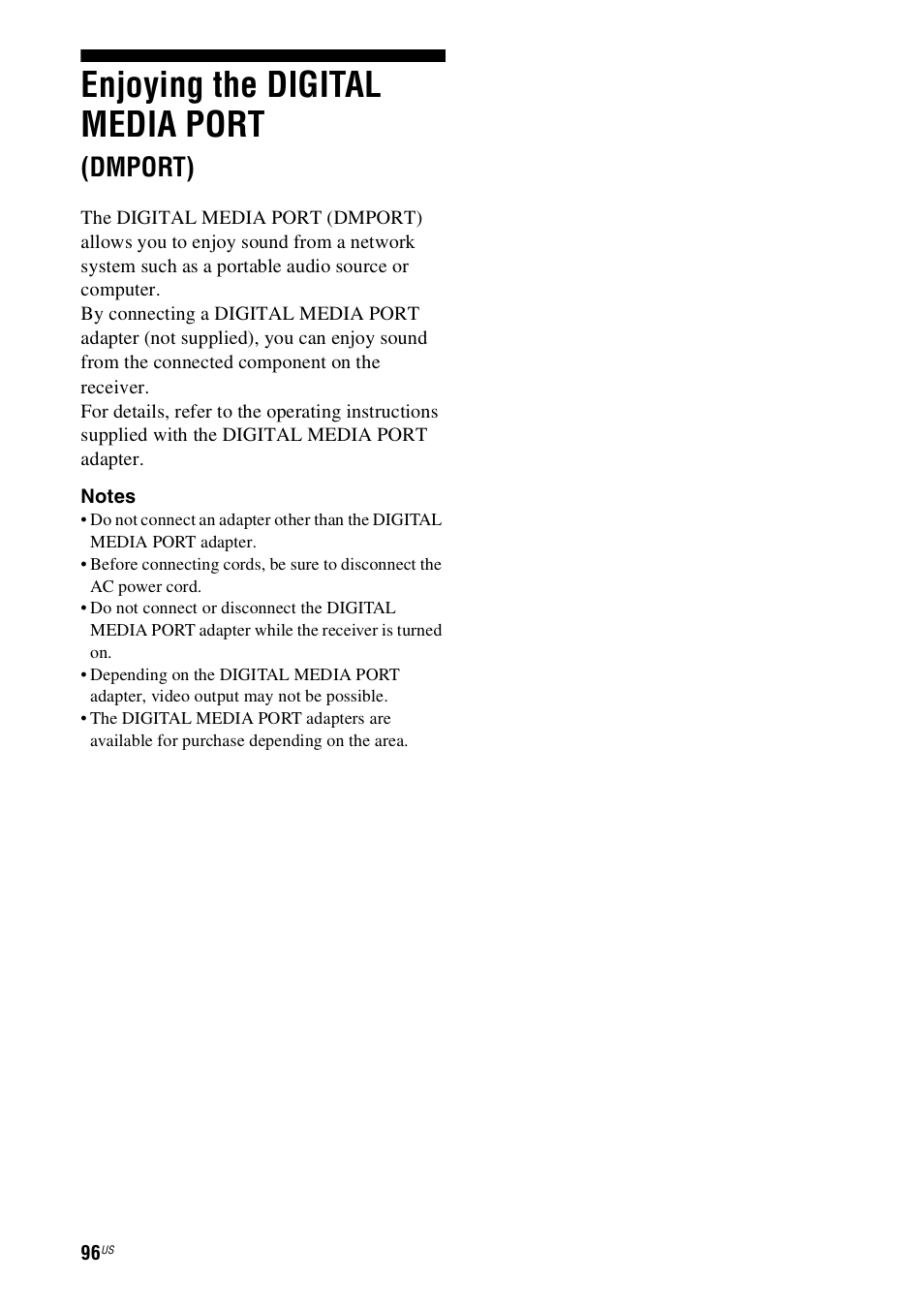Enjoying the digital media port (dmport), Enjoying the digital media port, Dmport) | Sony STR-DH800 User Manual | Page 96 / 124