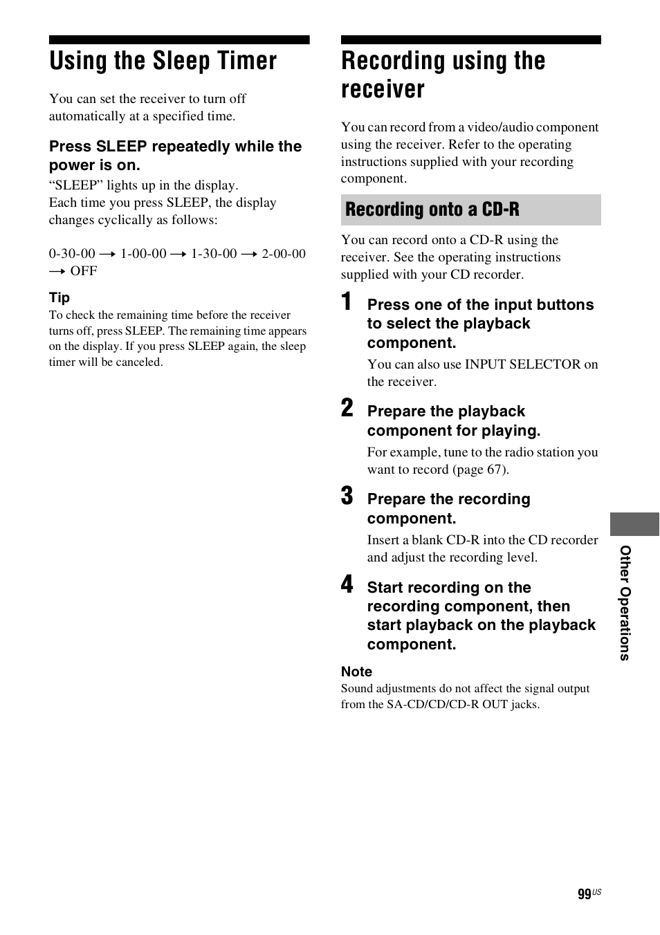 Using the sleep timer, Recording using the receiver, Using the sleep timer recording using the receiver | Recording onto a cd-r | Sony STR-DH800 User Manual | Page 99 / 124