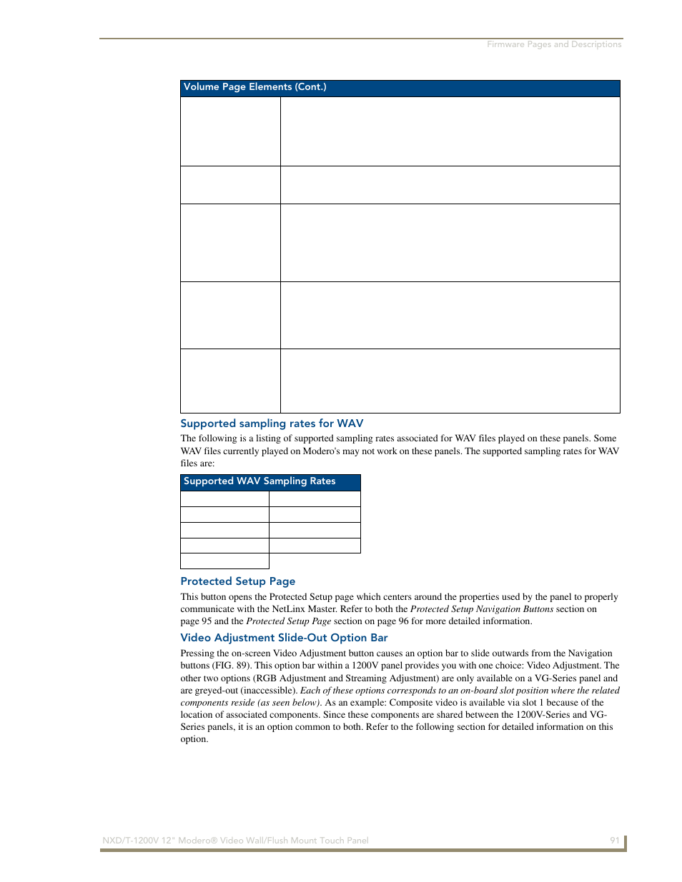 Supported sampling rates for wav, Video adjustment slide-out option bar | AMX Modero NXT-1200V User Manual | Page 103 / 178