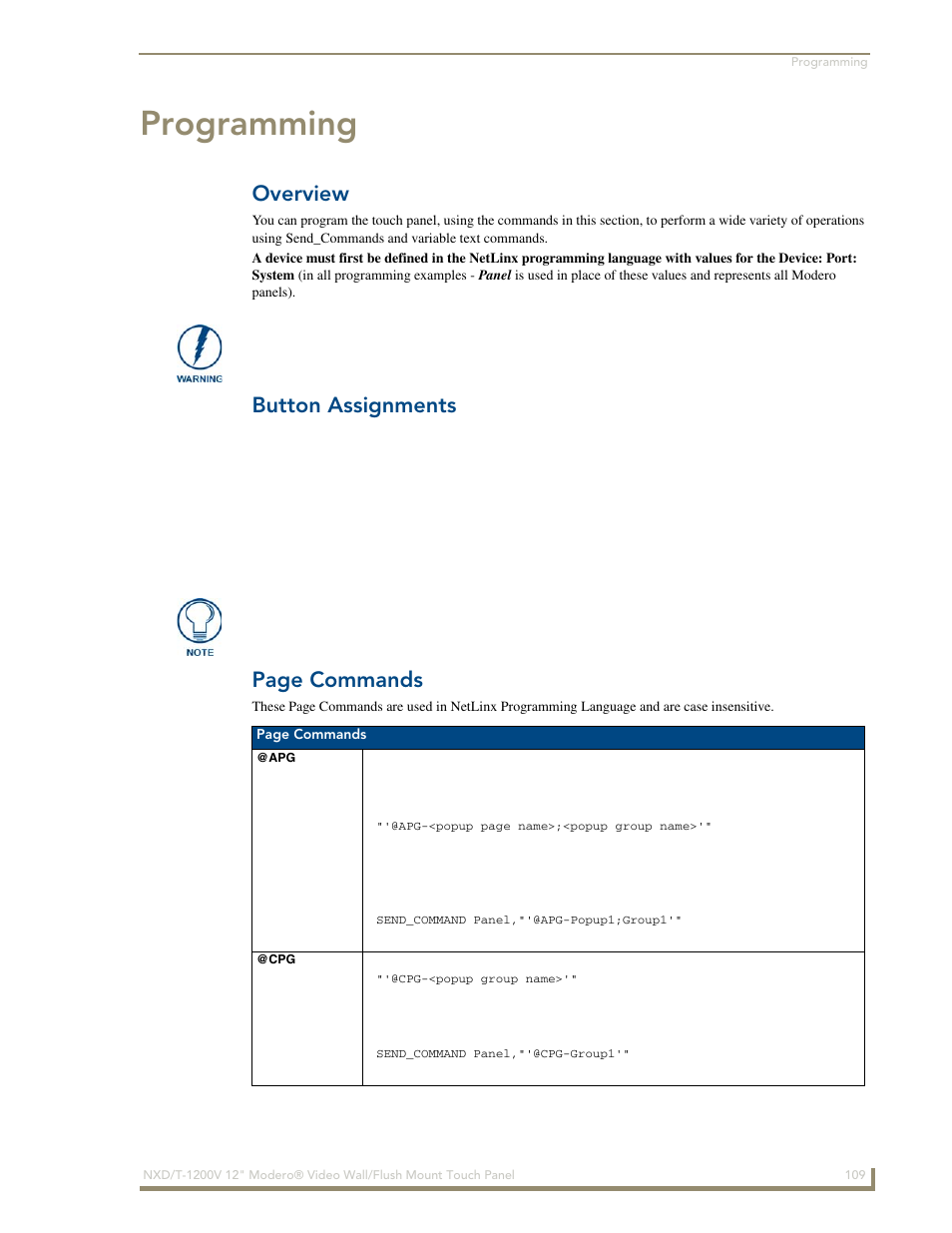 Programming, Overview, Button assignments | Apg @cpg, Button assignments page commands | AMX Modero NXT-1200V User Manual | Page 121 / 178