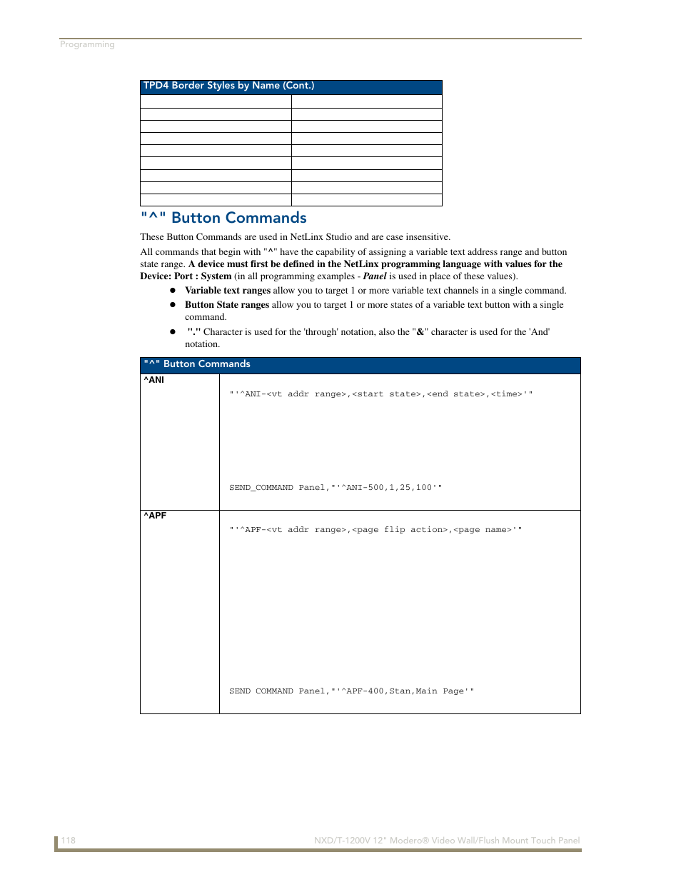 Button commands, Ani ^apf | AMX Modero NXT-1200V User Manual | Page 130 / 178