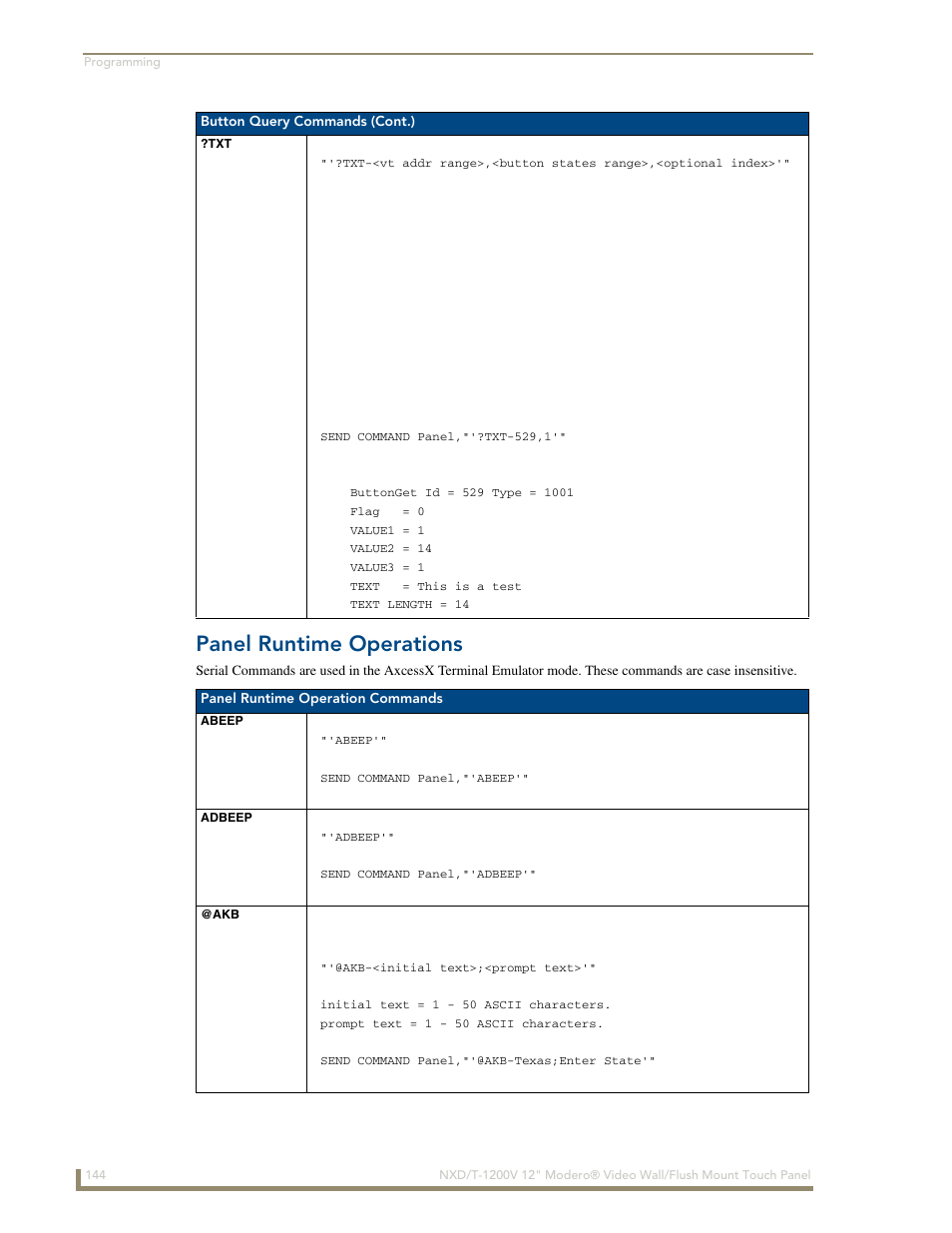 Panel runtime operations, Abeep, Adbeep | Abeep adbeep @akb ?txt | AMX Modero NXT-1200V User Manual | Page 156 / 178