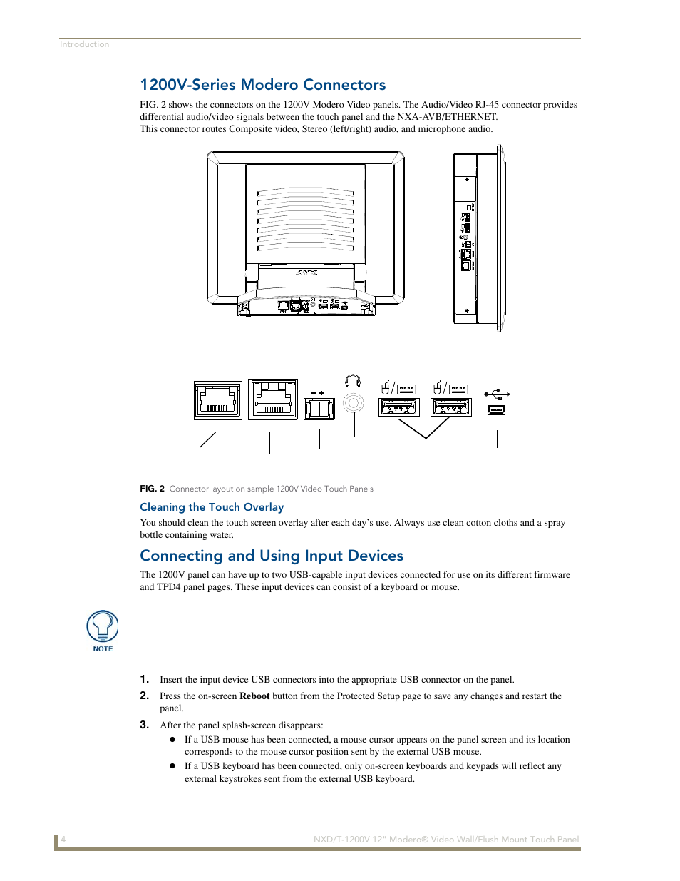 1200v-series modero connectors, Cleaning the touch overlay, Connecting and using input devices | AMX Modero NXT-1200V User Manual | Page 16 / 178