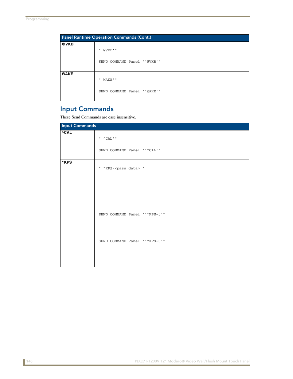 Wake, Input commands, Cal ^kps @vkb wake | AMX Modero NXT-1200V User Manual | Page 160 / 178