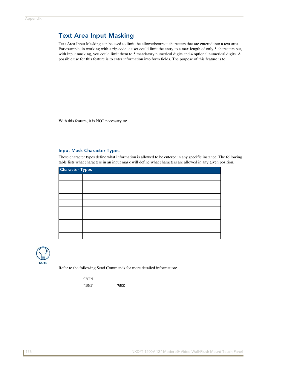 Text area input masking, Input mask character types | AMX Modero NXT-1200V User Manual | Page 168 / 178