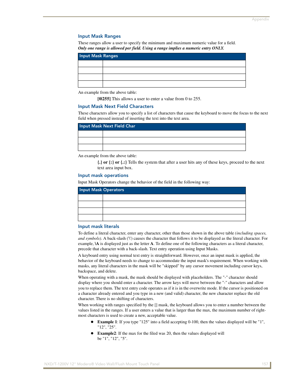 Input mask ranges, Input mask next field characters, Input mask operations | Input mask literals | AMX Modero NXT-1200V User Manual | Page 169 / 178